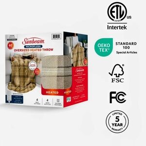 Sunbeam Electric Heated Throw Blanket Earthy Plaid Super Soft Microplush 4 Heat